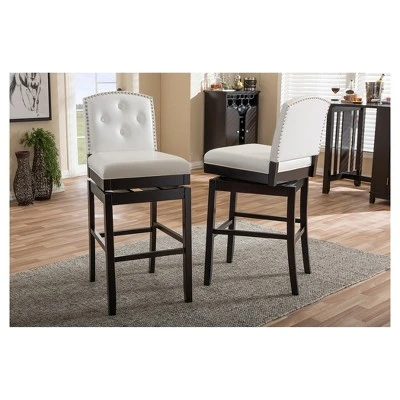Set Of 2 Ginaro Faux Leather Button Tufted Upholstered Swivel Barstools White - Baxton Studio - Image 3