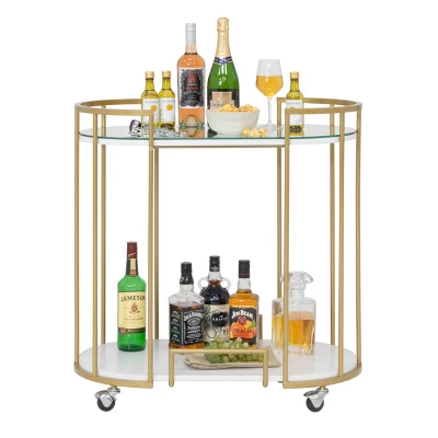 Pavillion 2 Tier Oval Bar Serving Cart Shelves With Glass Mirror Gold - Studio Designs - Image 12