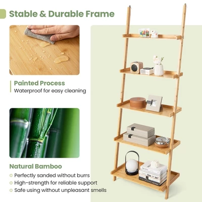 Costway 2 PCS 5-Tier Bamboo Ladder Shelf Wall-Leaning Display Bookcase Storage Rack - Image 8