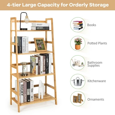 Costway 4-Tier Bookshelf Bamboo Ladder Shelf Bathroom Shelves Storage Plant Stand Rack - Image 6