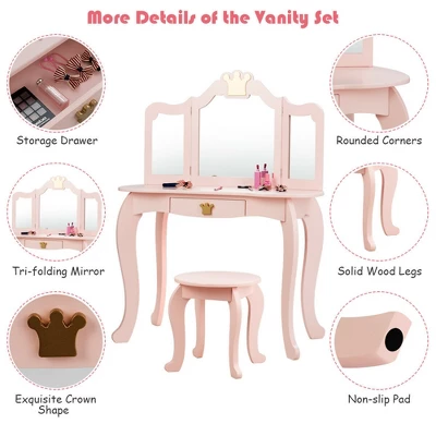 Costway Kids Makeup Dressing Table Chair Set Princess Vanity & Tri-folding Mirror - Image 6