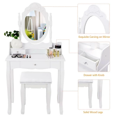 Costway White Vanity Wood Makeup Dressing Table Stool 3 Drawer - Image 5