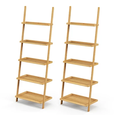Costway 2 PCS 5-Tier Bamboo Ladder Shelf Wall-Leaning Display Bookcase Storage Rack - Image 9