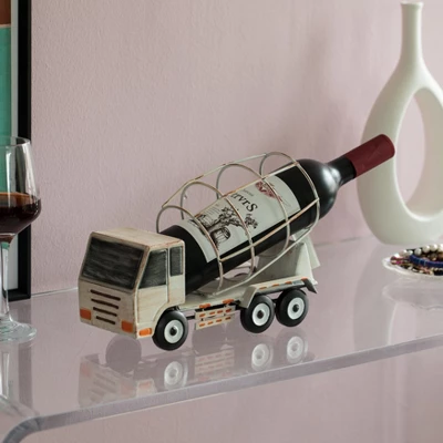 Vintiquewise Decorative Rustic Metal White Single Bottle Cement Truck Wine Holder For Tabletop Or Countertop