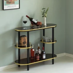 Fabulaxe Modern Display Wooden Console Bar With Tiered Open Shelves, Mini Bar With Wine Storage