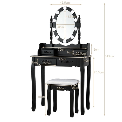 Tangkula Make-Up Vanity Table Dresser Set W/LED Light, Black Brown White - Image 3