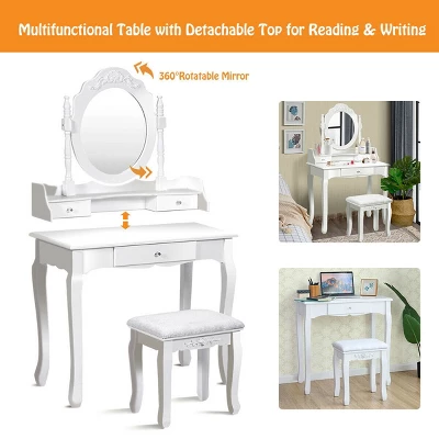 Costway White Vanity Wood Makeup Dressing Table Stool 3 Drawer - Image 4