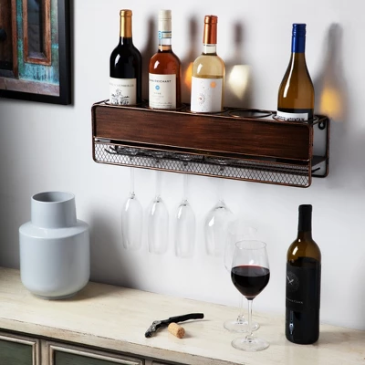 True Wall Mounted Wine Shelf & Stemware Rack, Wood