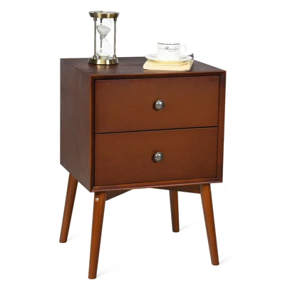 Tangkula Mid Century Nightstand Sofa End Table Bedroom Side Table With 2 Drawers - Image 6