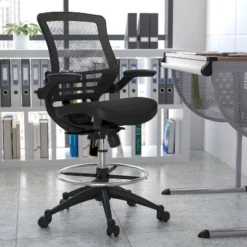 Emma And Oliver Mid-Back Transparent Mesh Drafting Chair With Flip-Up Arms