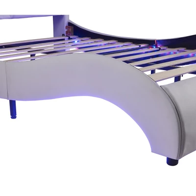 Upholstered Faux Leather Platform Bed With LED Light Bed Frame With Slatted-ModernLuxe - Image 9