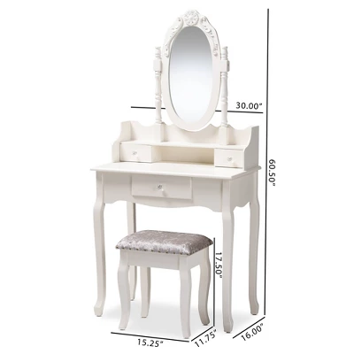 2pc Veronique White Finished Wood Vanity Table With Mirror And Ottoman White - Baxton Studio - Image 2