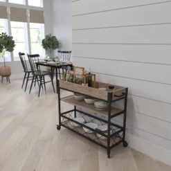 Merrick Lane Rolling Kitchen Serving And Bar Cart With Shelves And Wine Glass Holders In Distressed Light Oak Wood And Black Iron