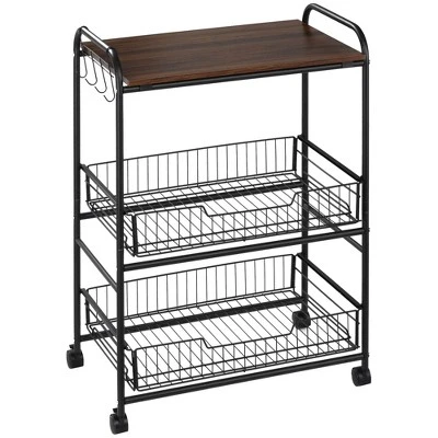 HOMCOM 24" 3-Tier Rolling Kitchen Cart, Utility Storage Trolley With 2 Basket Drawers, Side Hooks For Dining Room - Image 6