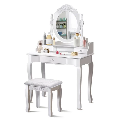 Costway White Vanity Wood Makeup Dressing Table Stool 3 Drawer - Image 6