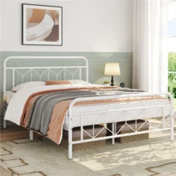 Yaheetech Queen Size Vintage Metal Bed Frame With Headboard, White