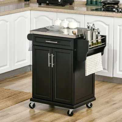 HOMCOM Rolling Kitchen Island Utility Trolley, Storage Cart On Wheels With Drawer, Spice Rack, Black - Image 2