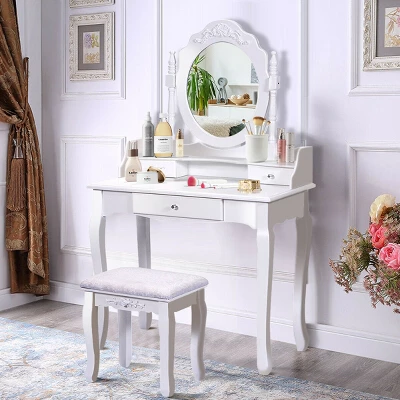 Costway White Vanity Wood Makeup Dressing Table Stool 3 Drawer - Image 2