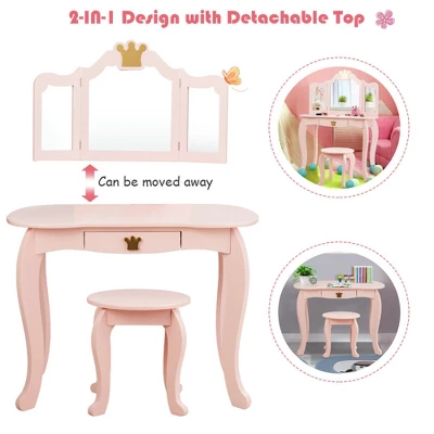 Costway Kids Makeup Dressing Table Chair Set Princess Vanity & Tri-folding Mirror - Image 5