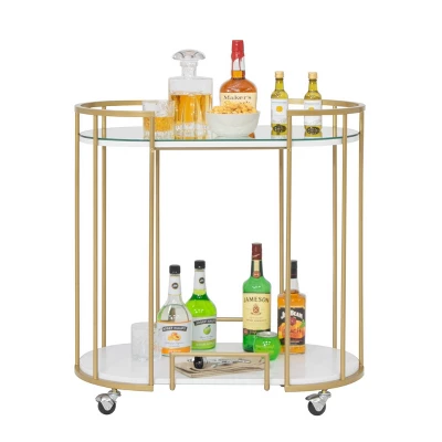 Pavillion 2 Tier Oval Bar Serving Cart Shelves With Glass Mirror Gold - Studio Designs - Image 10