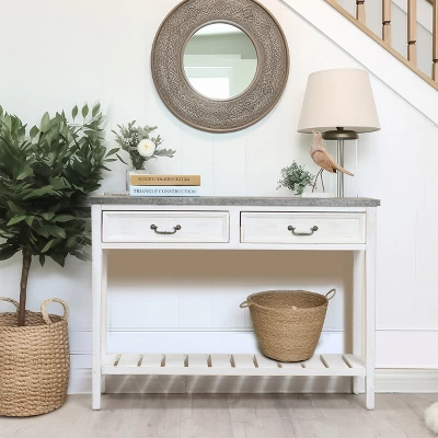 LuxenHome Farmhouse Distressed White Wood Console Table With Storage - Image 7