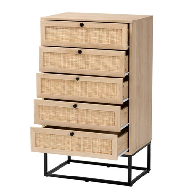 Amelia Wood Rattan 5 Drawer Storage Cabinet Natural Brown/Black - Baxton Studio - Image 2
