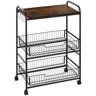 HOMCOM 24" 3-Tier Rolling Kitchen Cart, Utility Storage Trolley With 2 Basket Drawers, Side Hooks For Dining Room - Image 7