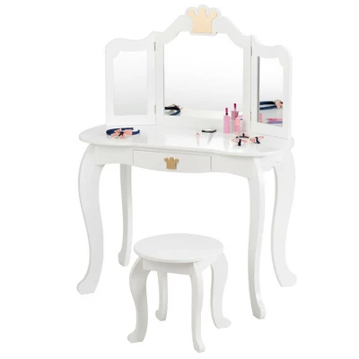 Costway Kids Makeup Dressing Table Chair Set Princess Vanity & Tri-folding Mirror - Image 11