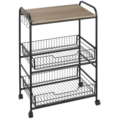 HOMCOM 24" 3-Tier Rolling Kitchen Cart, Utility Storage Trolley With 2 Basket Drawers, Side Hooks For Dining Room - Image 8