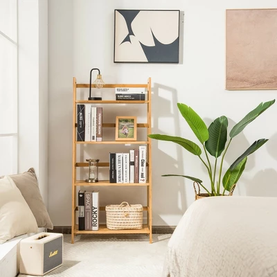 Costway 4-Tier Bookshelf Bamboo Ladder Shelf Bathroom Shelves Storage Plant Stand Rack - Image 3