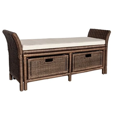 Happimess Tropic 52" 2 Drawer Wicker Storage Bench Wih Linen Cushion, Brown - Image 2