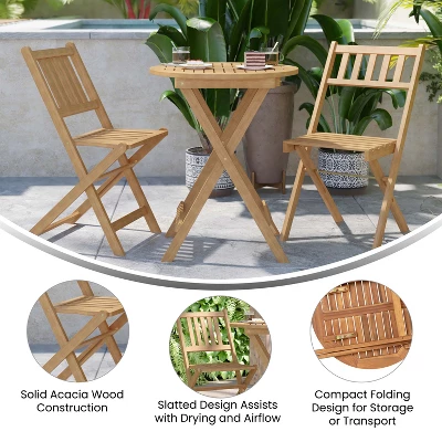 Emma And Oliver All-Weather Three Piece Solid Acacia Wood Patio Bistro Set With Two Folding Chairs And Table - Image 5