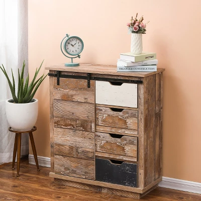 LuxenHome Rustic Wood 4-Drawer 1-Sliding Door Storage Cabinet. - Image 3