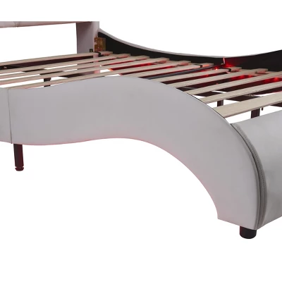 Upholstered Faux Leather Platform Bed With LED Light Bed Frame With Slatted-ModernLuxe - Image 8