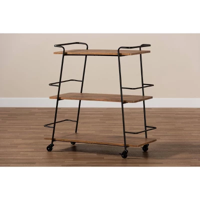 3 Tier Bernard Industrial Metal And Wood Mobile Wine Bar Cart Black/Walnut - Baxton Studio - Image 5