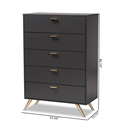 Kelson Wood 5 Drawer Chest Dark Gray/Gold - Baxton Studio - Image 6