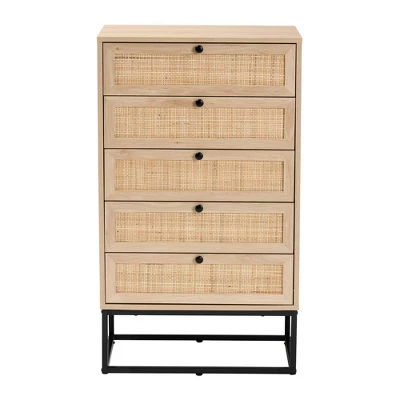 Amelia Wood Rattan 5 Drawer Storage Cabinet Natural Brown/Black - Baxton Studio