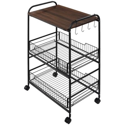HOMCOM 24" 3-Tier Rolling Kitchen Cart, Utility Storage Trolley With 2 Basket Drawers, Side Hooks For Dining Room - Image 3