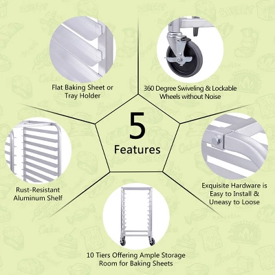 Costway 10 Sheet Aluminum Bakery Rack Silver Commercial Cookie Bun Pan Kitchen W/Wheel - Image 6