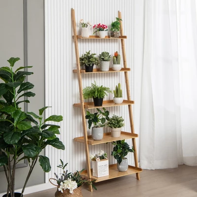 Costway 2 PCS 5-Tier Bamboo Ladder Shelf Wall-Leaning Display Bookcase Storage Rack