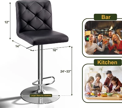 Hywela Bar Stools, Modern PU Leather Adjustable Swivel Barstools, Armless Kitchen Island Counter Bar Stools With Bigger Base, Set Of 2,Comfy- The Pop Home - Image 2