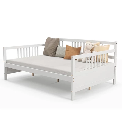 Costway Full Size Daybed Frame Solid Wood Sofa Bed For Living Room Bedroom White/Cherry - Image 11