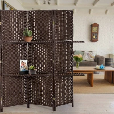 4 Panel Paper Straw Weave Screen With 63" L Shelving - Ore International - Image 2