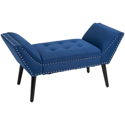 HOMCOM Modern Button Tufted Sitting Bench, Accent Fabric Upholstered Ottoman For Bedroom Or Living Room, Blue - Image 3