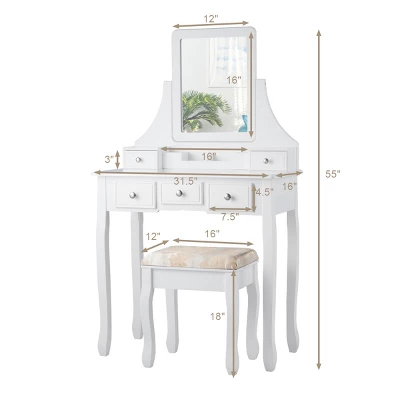 Tangkula Rotatable Mirror Vanity Set Makeup Dressing Table And Stool W/ 5 Drawers - Image 2