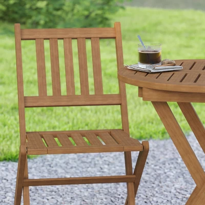 Emma And Oliver All-Weather Three Piece Solid Acacia Wood Patio Bistro Set With Two Folding Chairs And Table - Image 4