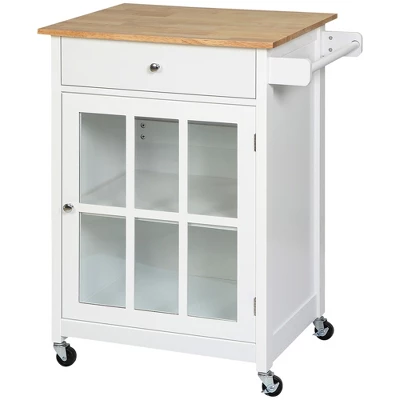 HOMCOM 27" Rolling Kitchen Island Cart With Drawer And Glass Door Cabinet, Kitchen Trolley With Adjustable Shelf And Towel Rack, White - Image 3