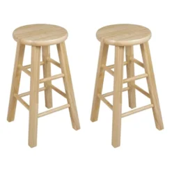 PJ Wood Classic Round-Seat 24" Tall Kitchen Counter Stools For Homes, Dining Spaces, And Bars With Backless Seats, 4 Square Legs, Natural (Set Of 8)