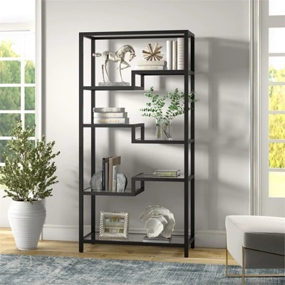 68" 5-Tier Black Metal Book Case With Glass Top Shelves - Henn&Hart - Image 3
