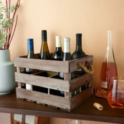 Twine 4281 Farm House Decor, Wood Wine Holder Rustic Farmhouse Wooden 6 Bottle Crate, Dark Wood, Brown Finish